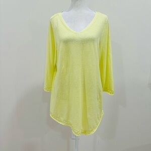 Chico’s Size 2 Yellow Light Knit Sweater, Linen/Cotton Asymmetrical Hem,3/4 Sl.